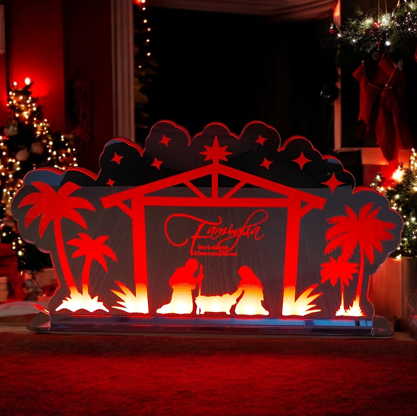 Presepe in plexiglass, illuminato con base led multicolore