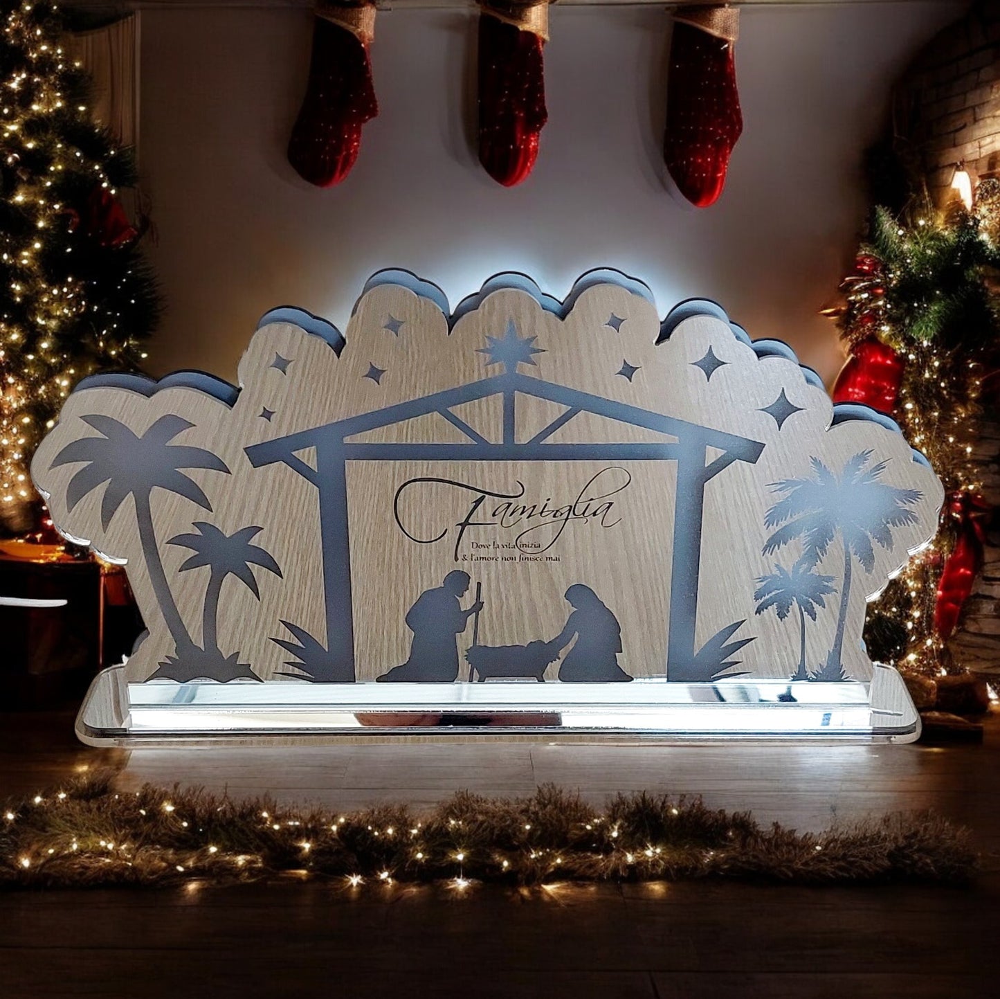 Plexiglass nativity scene, illuminated with a multicolored LED base