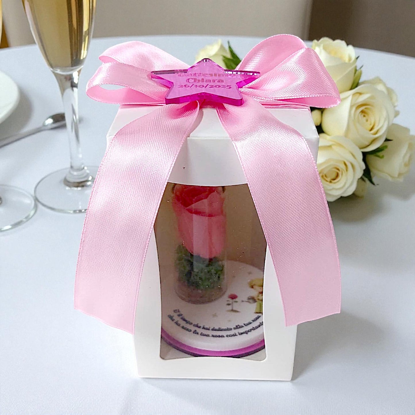 Bomboniera in tema piccolo principe con rosa stabilizzata