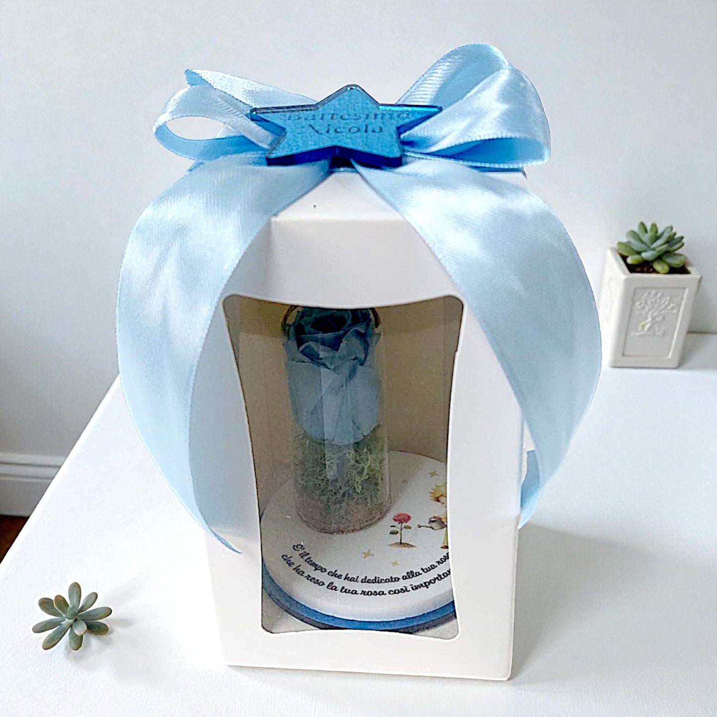 Bomboniera in tema piccolo principe con rosa stabilizzata