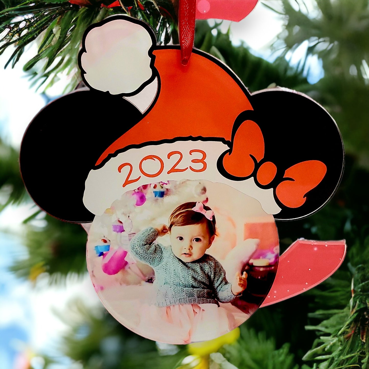 Addobbo natalizio testa di Minnie e di Topolino con foto e nome