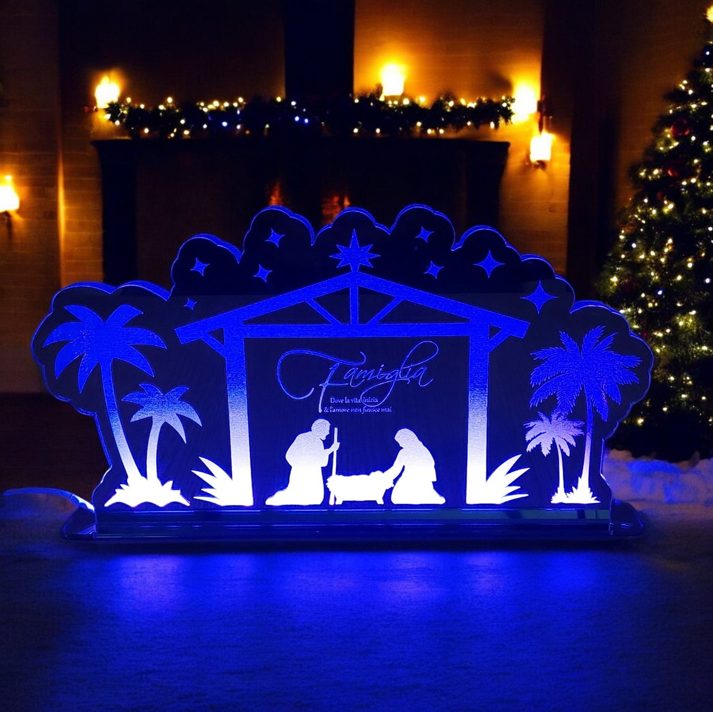 Presepe in plexiglass, illuminato con base led multicolore