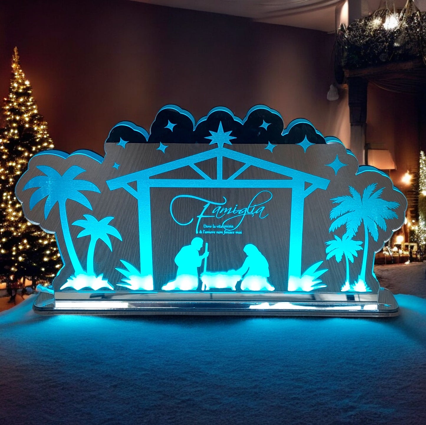 Presepe in plexiglass, illuminato con base led multicolore