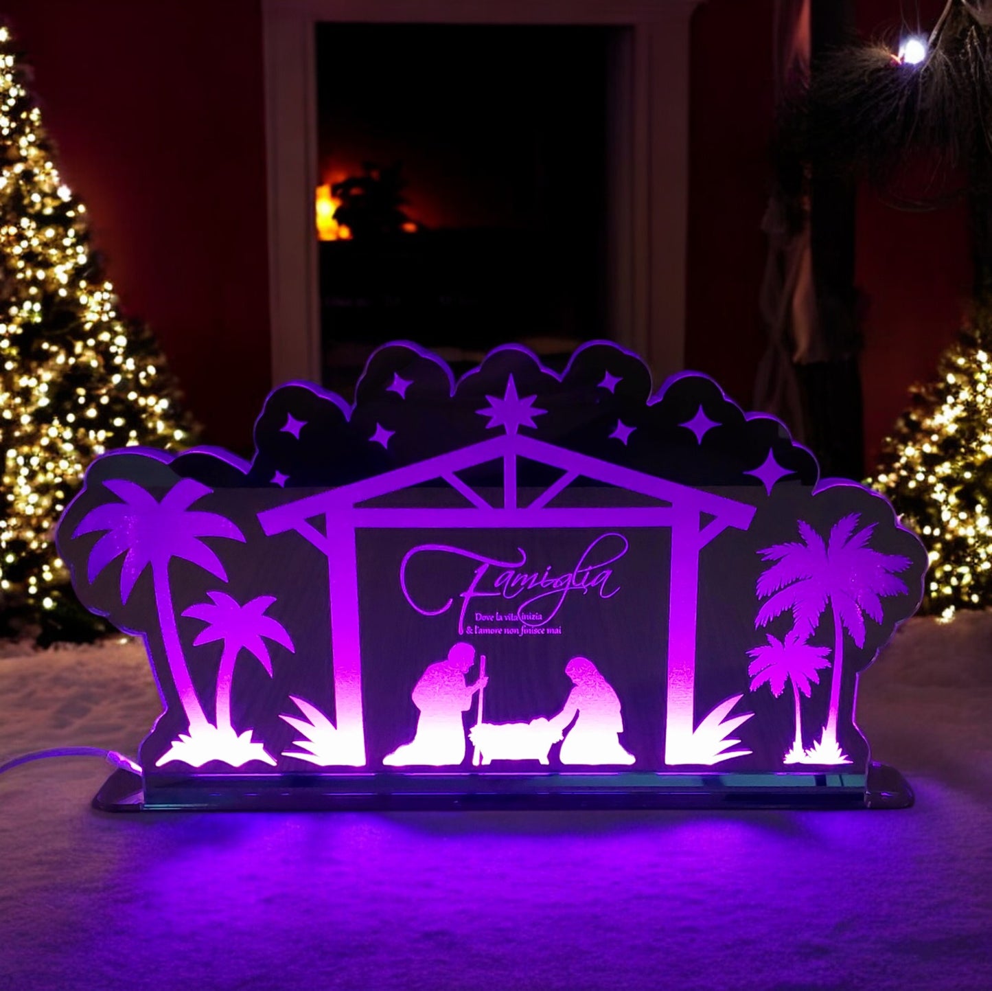 Presepe in plexiglass, illuminato con base led multicolore