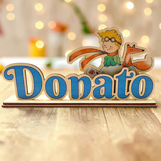 Little Prince-themed wooden name, gift idea or decoration for a baptism, birthday, first communion, or confirmation ceremony table.