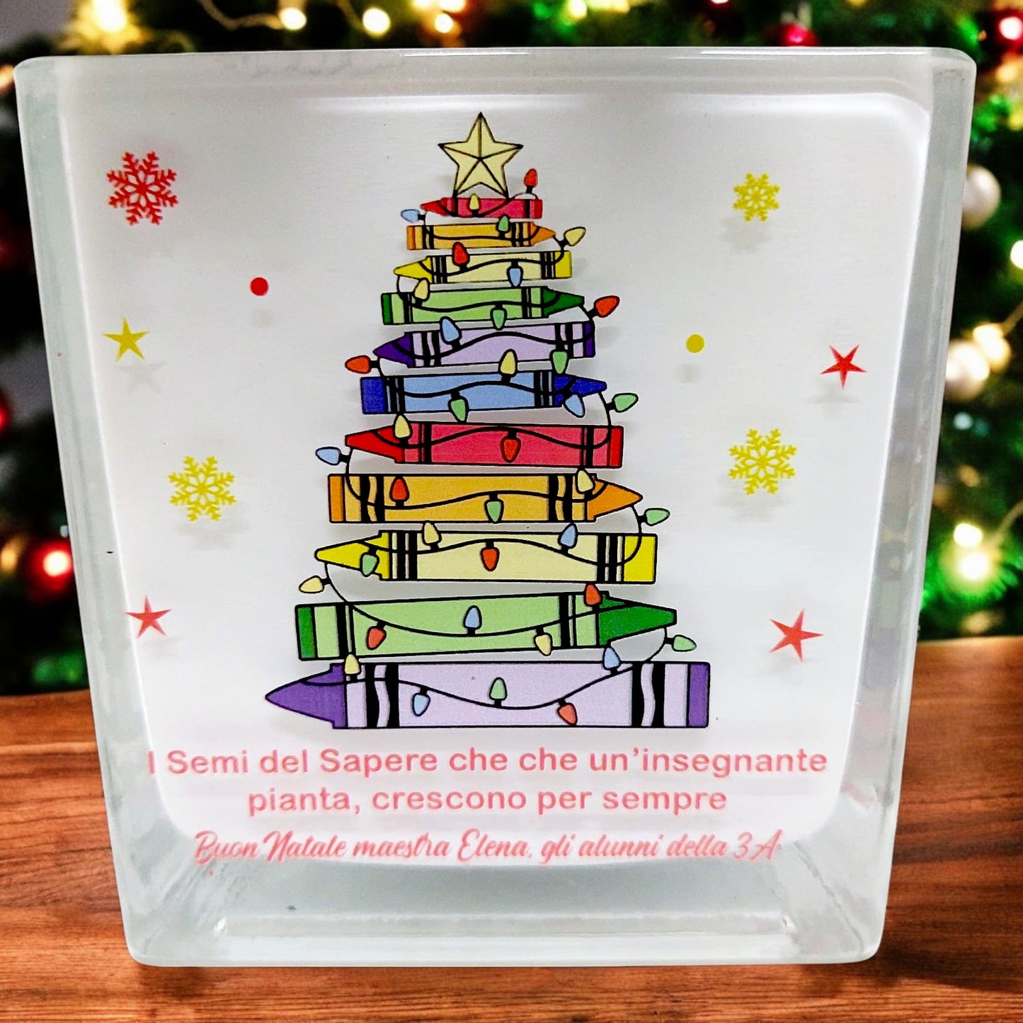Vaso di vetro in tema natalizio, dedicato agli insegnanti