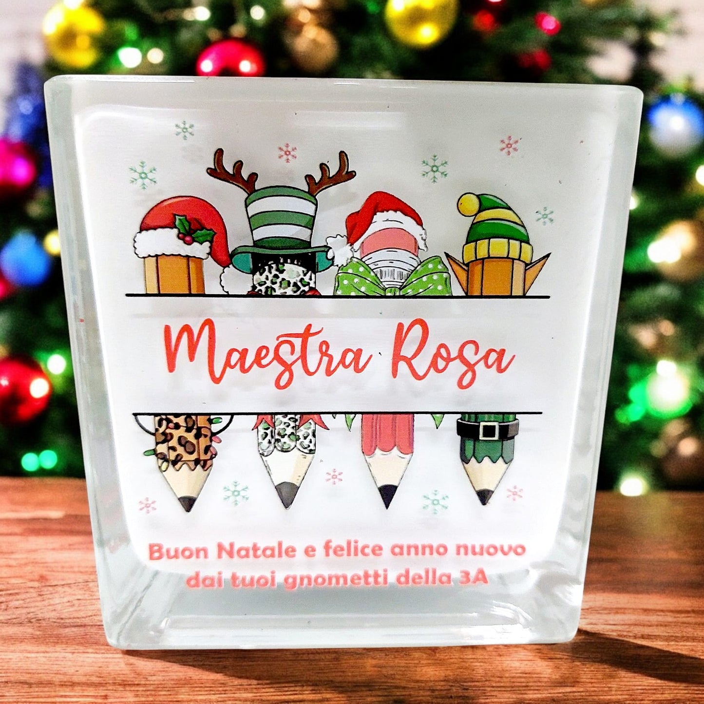 Vaso di vetro in tema natalizio, dedicato agli insegnanti