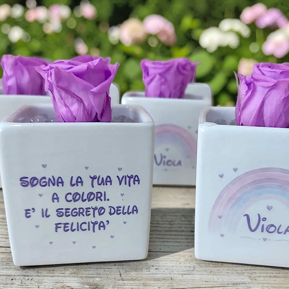 Vasetto a tema arcobaleno con rosa stabilizzata