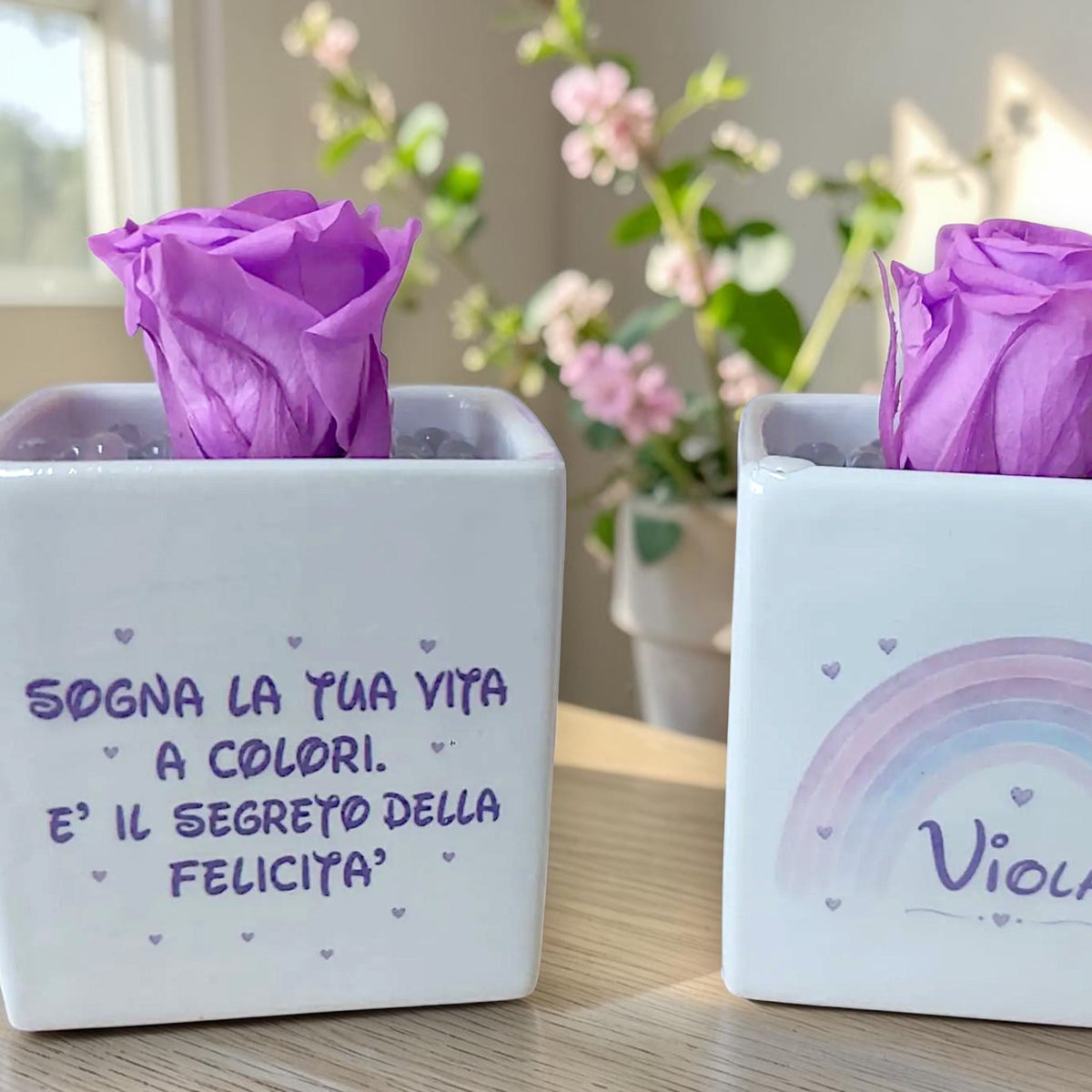 Vasetto a tema arcobaleno con rosa stabilizzata