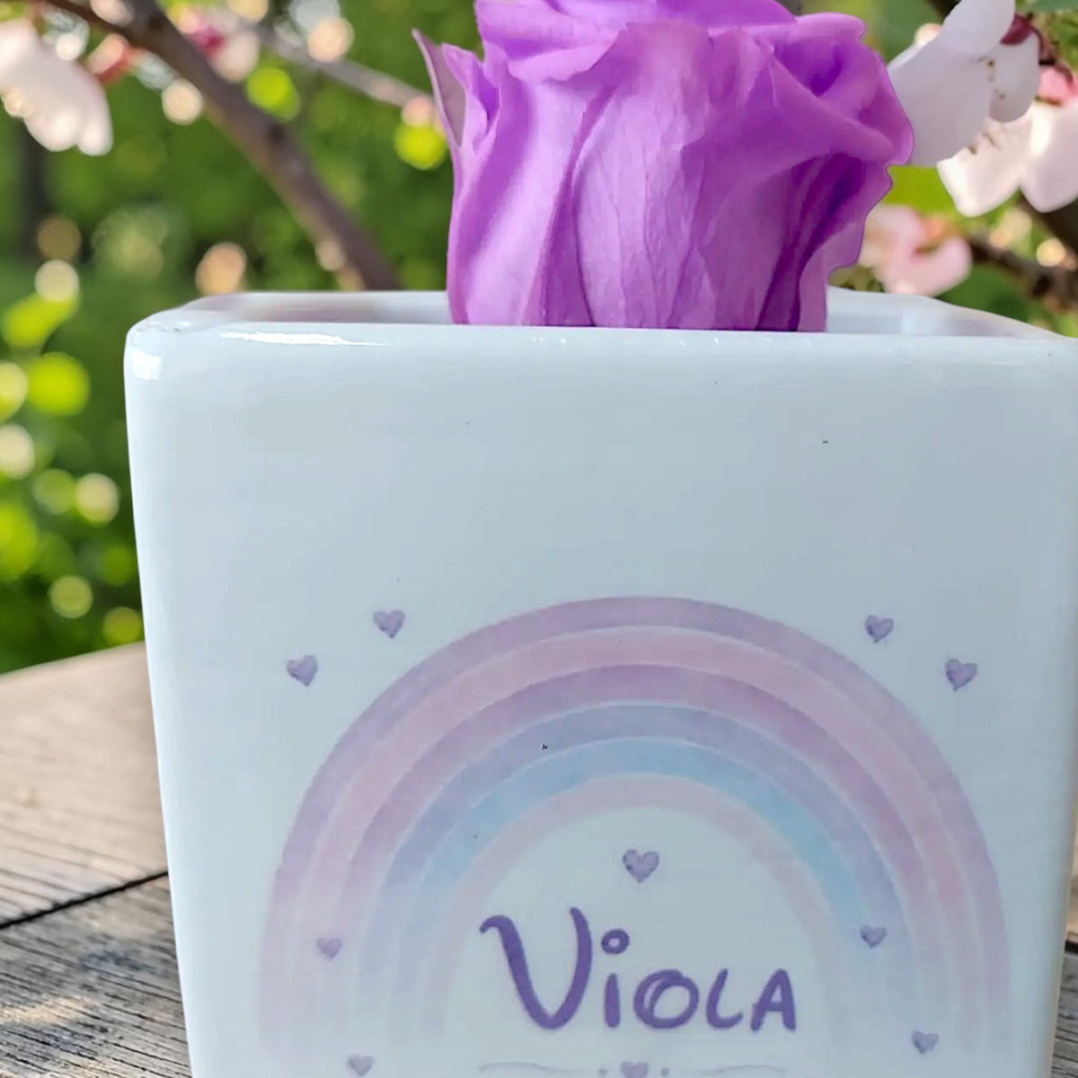 Vasetto a tema arcobaleno con rosa stabilizzata